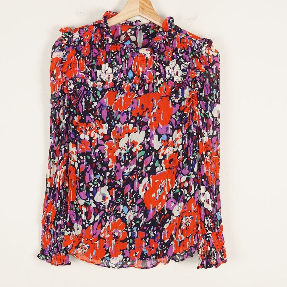 J Crew Smocked Popover Floral Multi Color Lurex Silver Crinke Top XS
